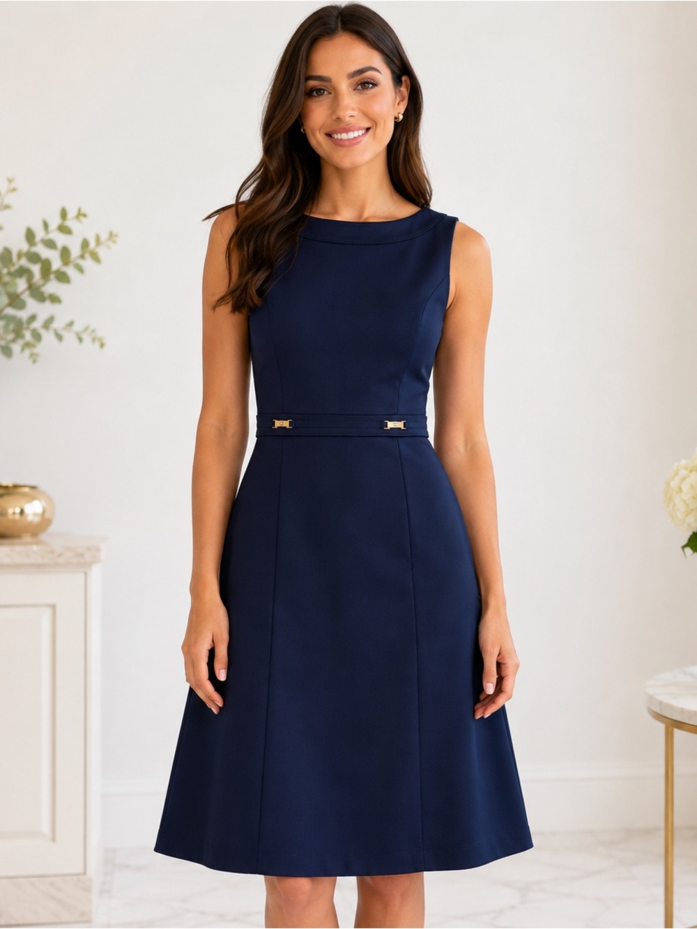 Shelby & Palmer Navy Blue Sleeveless Fit & Flare Dress Size 6 Gold Hardware